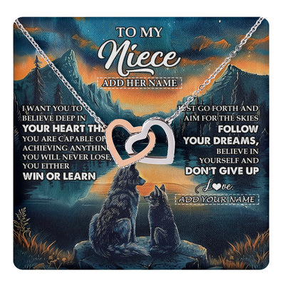 Interlocking Hearts Necklace Stainless Steel & Rose Gold Finish | 1 | Personalized To My Niece Gifts From Aunt Uncle Necklace Don't Give Up Wolf Gifts For Niece Birthday Graduation Christmas Customized Gift Box Message Card | teecentury