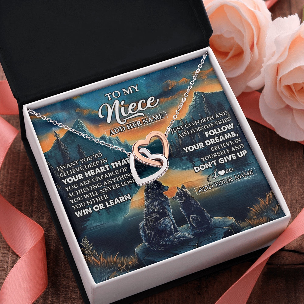 Interlocking Hearts Necklace Stainless Steel & Rose Gold Finish | 2 | Personalized To My Niece Gifts From Aunt Uncle Necklace Don't Give Up Wolf Gifts For Niece Birthday Graduation Christmas Customized Gift Box Message Card | teecentury