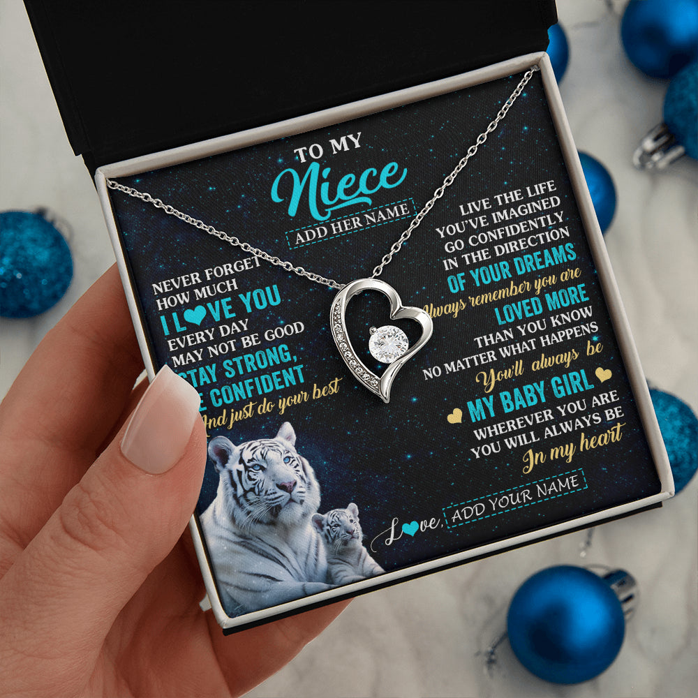 Forever Love Necklace 14K White Gold Finish | 2 | Personalized To My Niece Gifts From Aunt Uncle Necklace White Tiger Never Forget How Much I Love You Niece Birthday Christmas Customized Gift Box Message Card | teecentury