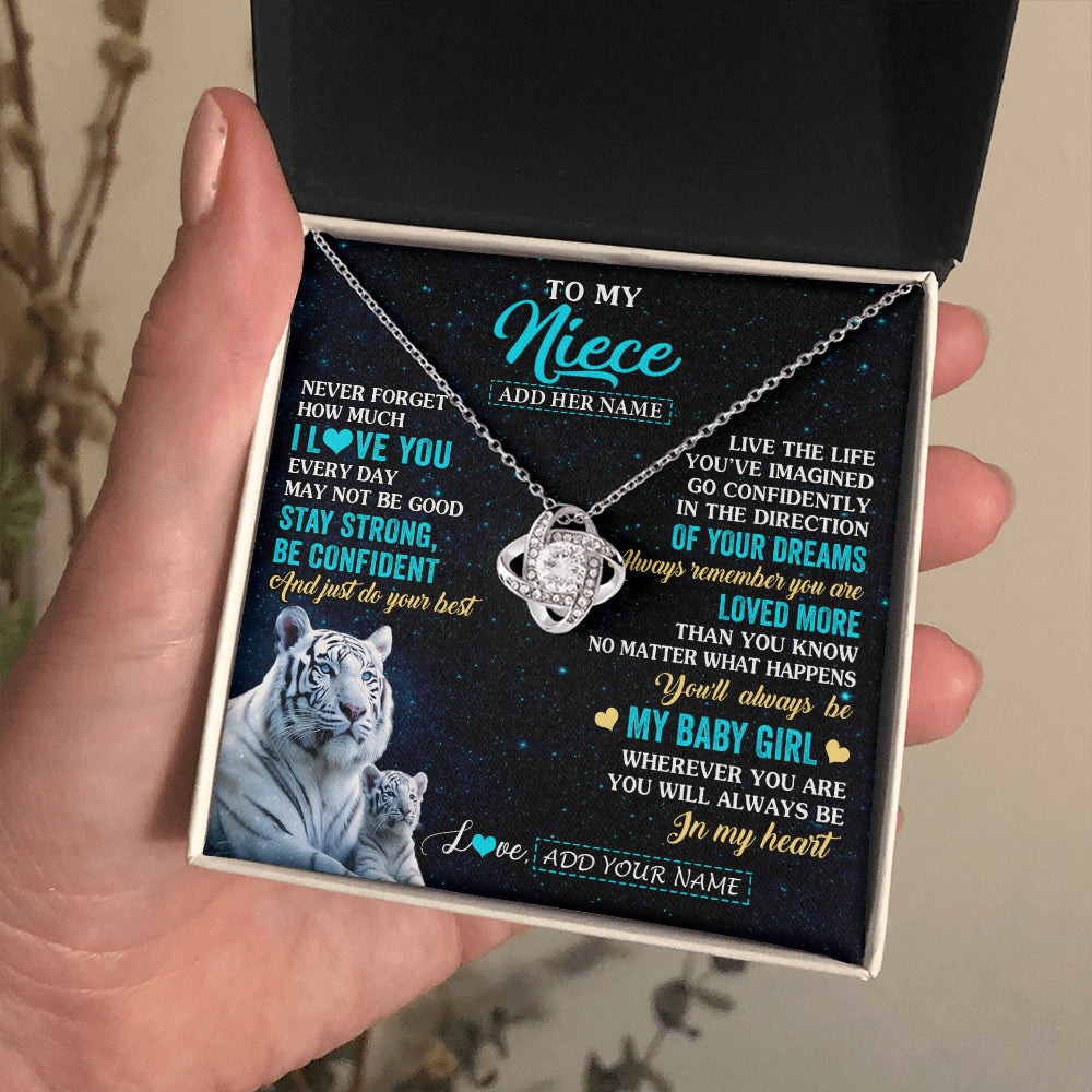 Love Knot Necklace 14K White Gold Finish | 2 | Personalized To My Niece Gifts From Aunt Uncle Necklace White Tiger Never Forget How Much I Love You Niece Birthday Christmas Customized Gift Box Message Card | teecentury