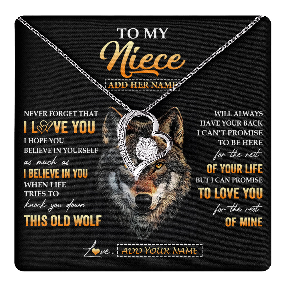 Forever Love Necklace 14K White Gold Finish | 1 | Personalized To My Niece Gifts From Uncle Aunt Auntie Necklace Old Wolf Love You Niece Birthday Gifts Graduation Christmas Customized Gift Box Message Card | teecentury