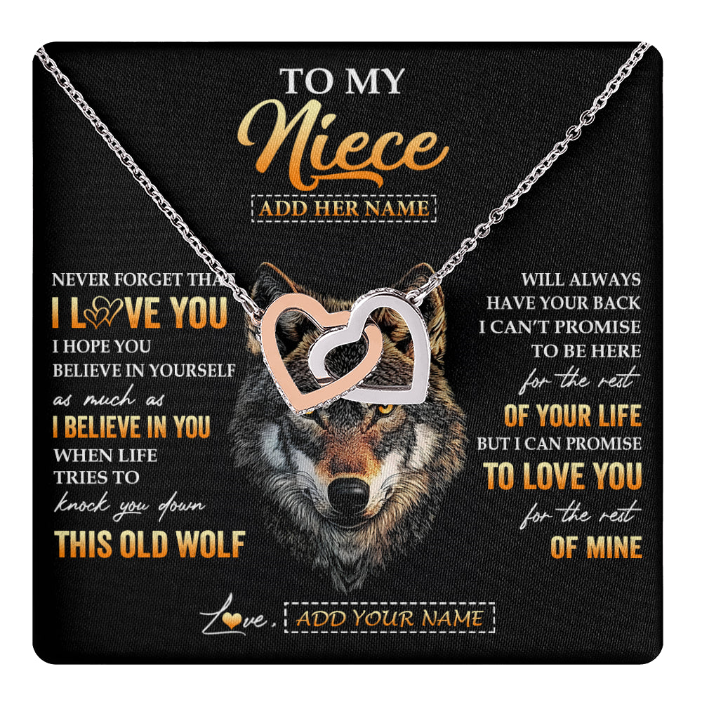 Interlocking Hearts Necklace Stainless Steel & Rose Gold Finish | 1 | Personalized To My Niece Gifts From Uncle Aunt Auntie Necklace Old Wolf Love You Niece Birthday Gifts Graduation Christmas Customized Gift Box Message Card | teecentury