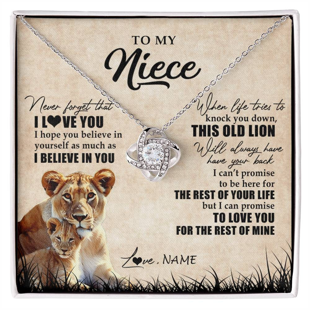 Love Knot Necklace 14K White Gold Finish | Personalized To My Niece Gifts Necklace From Aunt Old Lion Niece Jewelry Birthday Gifts Graduation Christmas Customized Gift Box Message Card | teecentury