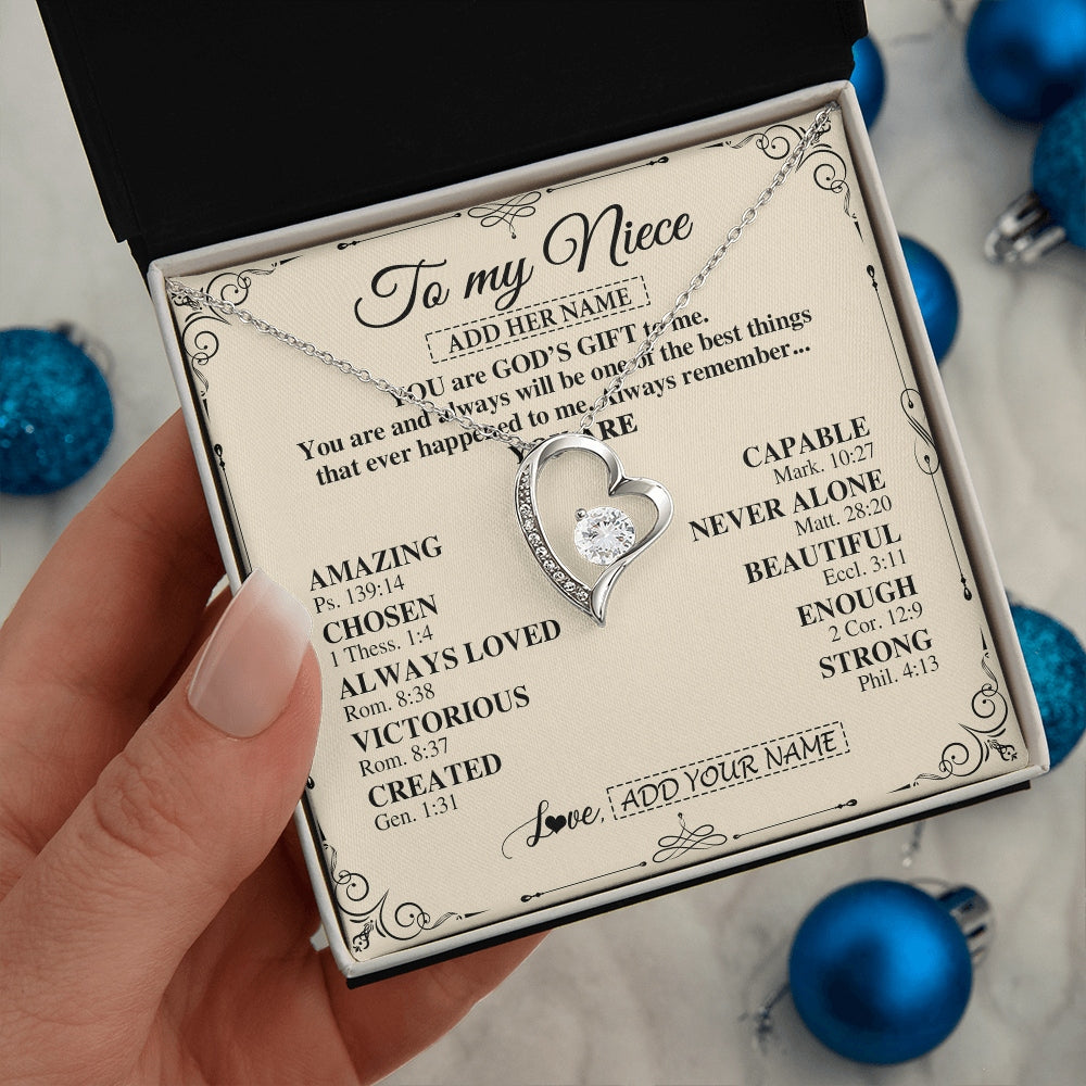 Forever Love Necklace 14K White Gold Finish | 2 | Personalized To My Niece Gifts Necklace From Aunt Uncle You Are God's Gift To Me Aunt Niece Birthday Gifts Christmas Christian Custom Gift Box Message Card | https://teecentury.