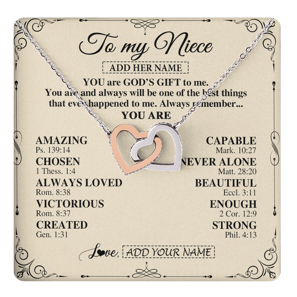 Interlocking Hearts Necklace Stainless Steel & Rose Gold Finish | 1 | Personalized To My Niece Gifts Necklace From Aunt Uncle You Are God's Gift To Me Aunt Niece Birthday Gifts Christmas Christian Custom Gift Box Message Card | https://teecentury.