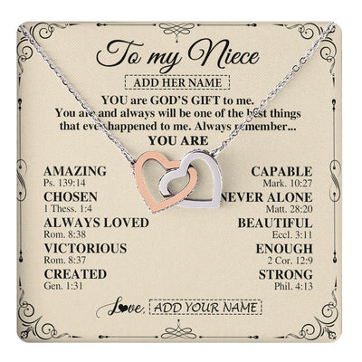 Interlocking Hearts Necklace Stainless Steel & Rose Gold Finish | 1 | Personalized To My Niece Gifts Necklace From Aunt Uncle You Are God's Gift To Me Aunt Niece Birthday Gifts Christmas Christian Custom Gift Box Message Card | https://teecentury.