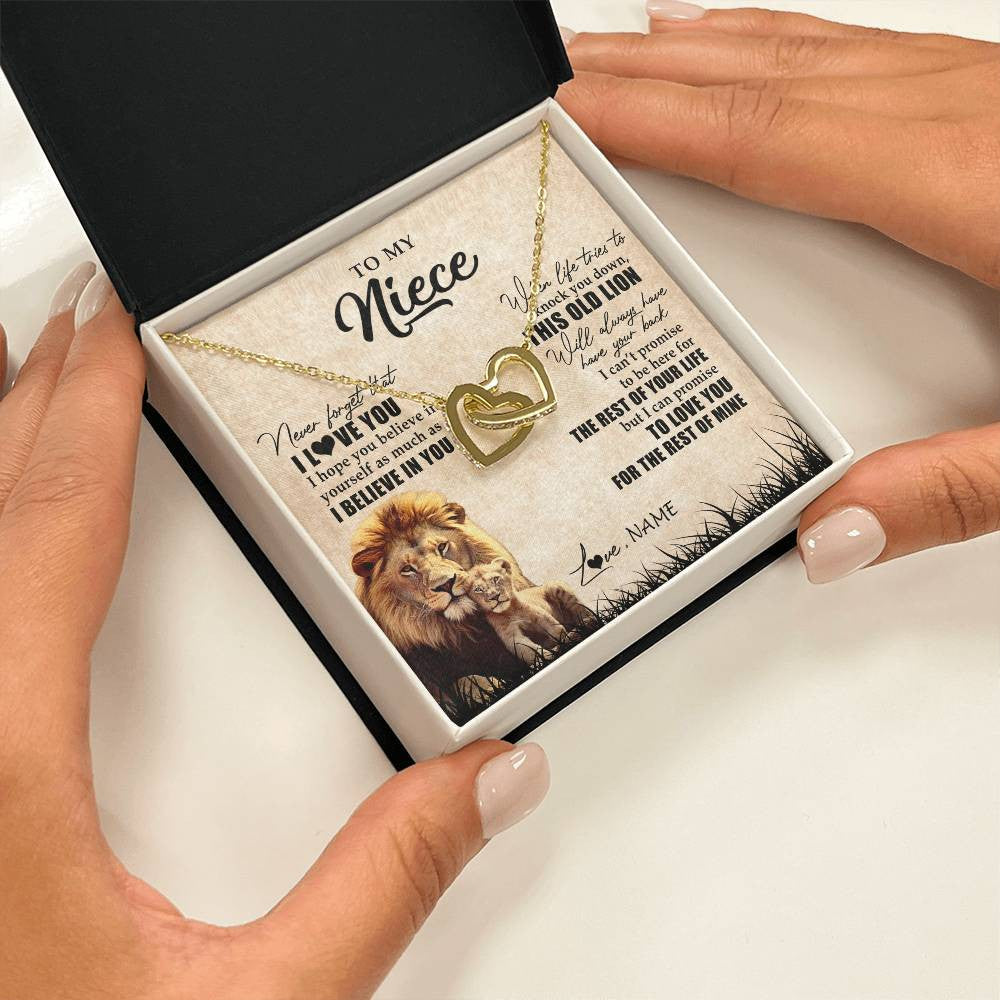 Interlocking Hearts Necklace 18K Yellow Gold Finish | Personalized To My Niece Gifts Necklace From Uncle Old Lion Niece Jewelry Birthday Gifts Graduation Christmas Customized Gift Box Message Card | teecentury