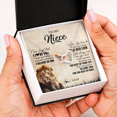 Interlocking Hearts Necklace Stainless Steel & Rose Gold Finish | Personalized To My Niece Gifts Necklace From Uncle Old Lion Niece Jewelry Birthday Gifts Graduation Christmas Customized Gift Box Message Card | teecentury