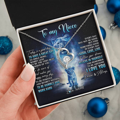 Forever Love Necklace 14K White Gold Finish | 2 | Personalized To My Niece Lion Necklace From Aunt Auntie Every Day Laugh Love Live Niece Birthday Graduation Christmas Customized Gift Box Message Card | teecentury