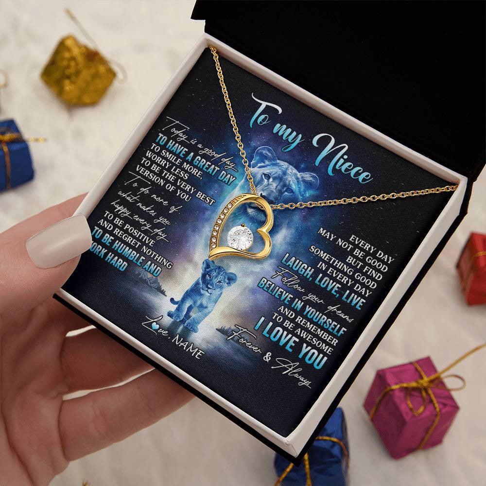 Forever Love Necklace 18K Yellow Gold Finish | 2 | Personalized To My Niece Lion Necklace From Aunt Auntie Every Day Laugh Love Live Niece Birthday Graduation Christmas Customized Gift Box Message Card | teecentury