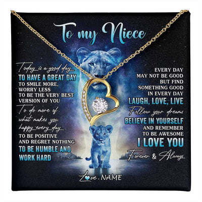 Forever Love Necklace 18K Yellow Gold Finish | 1 | Personalized To My Niece Lion Necklace From Aunt Auntie Every Day Laugh Love Live Niece Birthday Graduation Christmas Customized Gift Box Message Card | teecentury