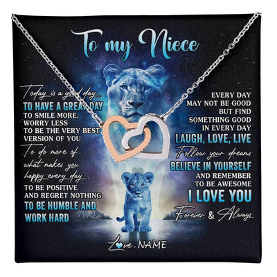 Interlocking Hearts Necklace Stainless Steel & Rose Gold Finish | 1 | Personalized To My Niece Lion Necklace From Aunt Auntie Every Day Laugh Love Live Niece Birthday Graduation Christmas Customized Gift Box Message Card | teecentury