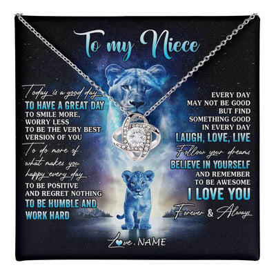 Love Knot Necklace 14K White Gold Finish | 1 | Personalized To My Niece Lion Necklace From Aunt Auntie Every Day Laugh Love Live Niece Birthday Graduation Christmas Customized Gift Box Message Card | teecentury