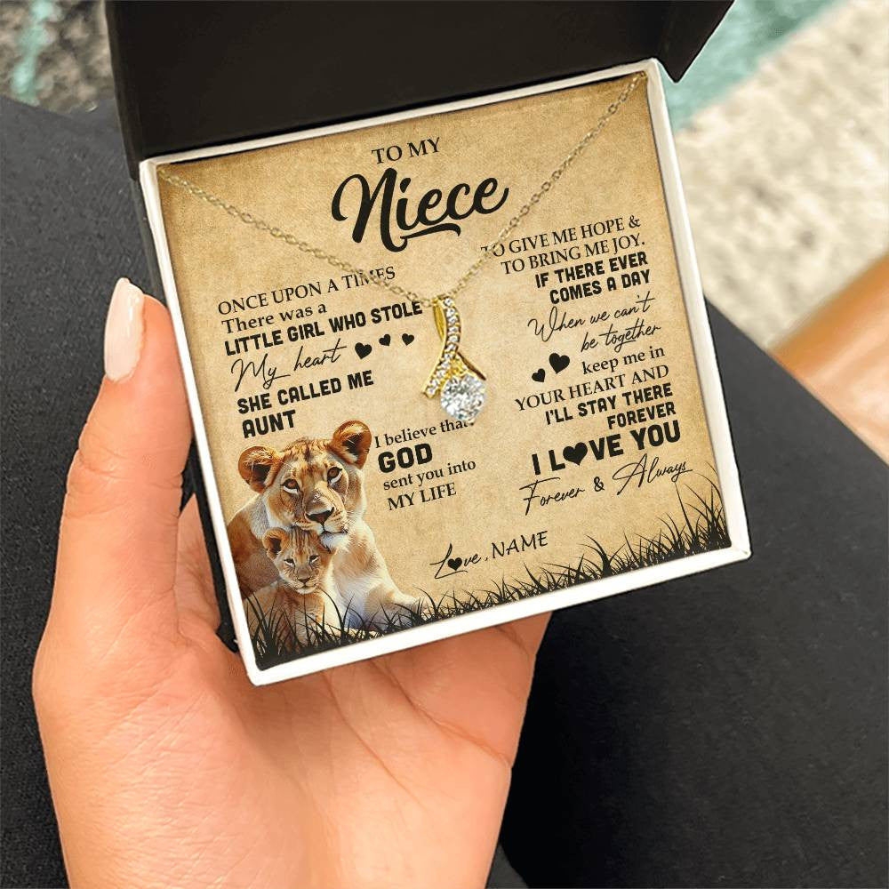 Alluring Beauty Necklace 18K Yellow Gold Finish | Personalized To My Niece Lion Necklace From Aunt Auntie I'll Stay There Forever Niece Birthday Graduation Christmas Customized Gift Box Message Card | teecentury