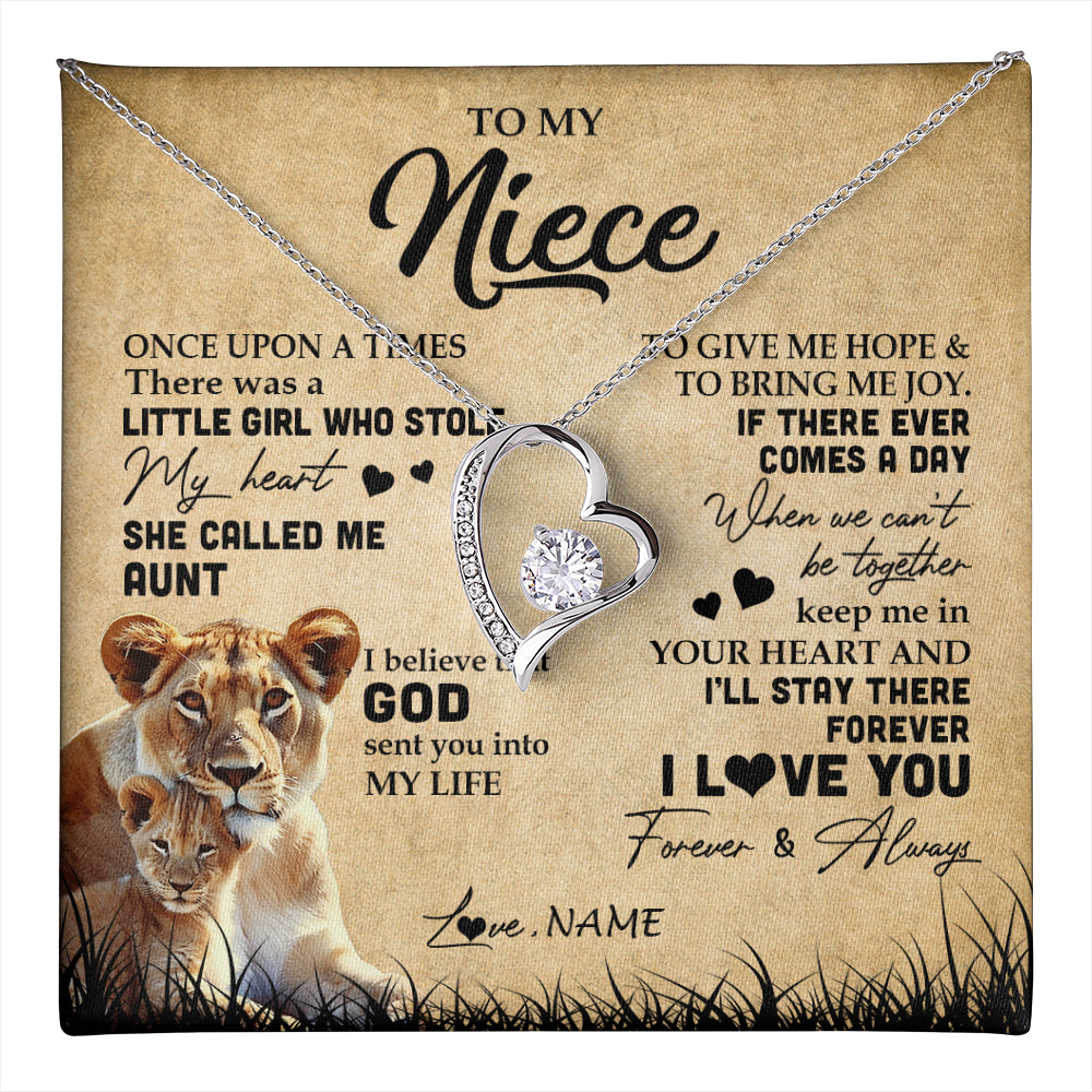 Forever Love Necklace 14K White Gold Finish | 1 | Personalized To My Niece Lion Necklace From Aunt Auntie I'll Stay There Forever Niece Birthday Graduation Christmas Customized Gift Box Message Card | teecentury
