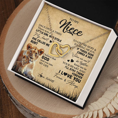 Interlocking Hearts Necklace 18K Yellow Gold Finish | Personalized To My Niece Lion Necklace From Aunt Auntie I'll Stay There Forever Niece Birthday Graduation Christmas Customized Gift Box Message Card | teecentury