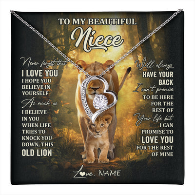 Forever Love Necklace 14K White Gold Finish | 1 | Personalized To My Niece Lion Necklace From Aunt Auntie Never Forget That I Love You Niece Birthday Graduation Christmas Customized Gift Box Message Card | teecentury