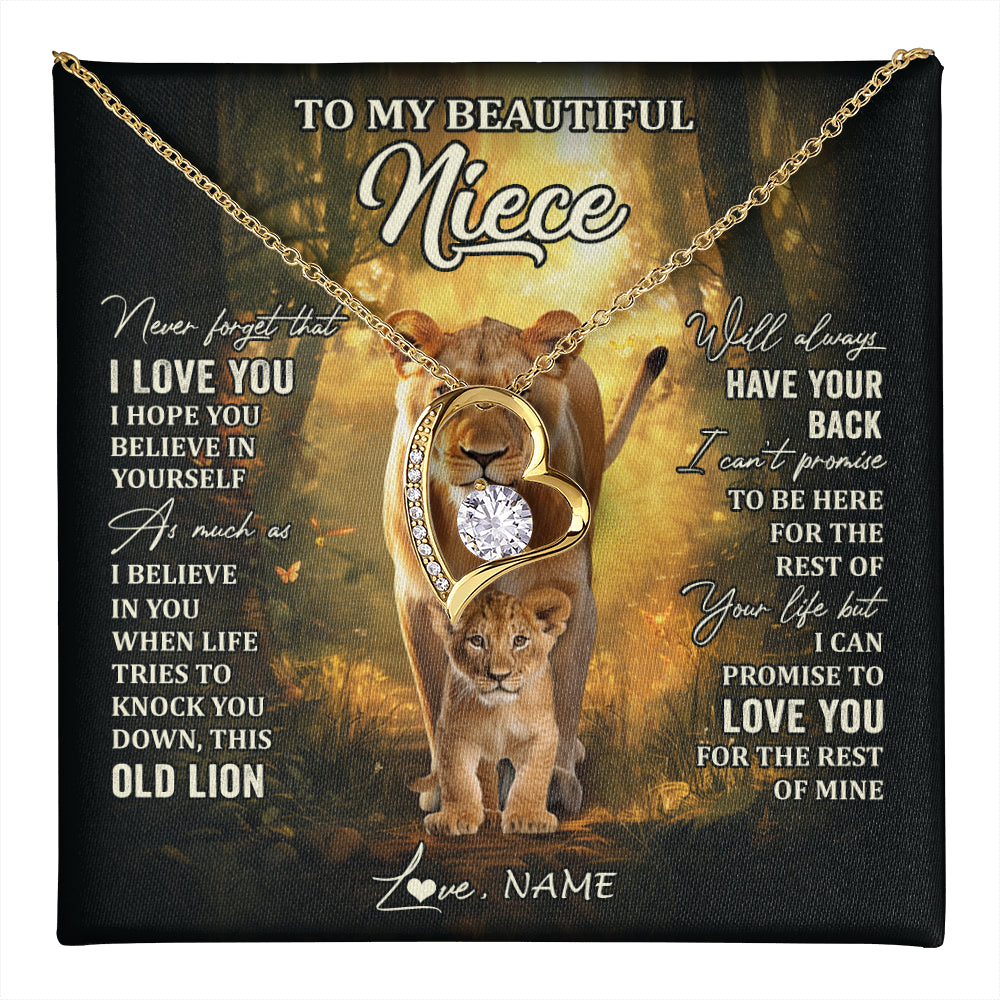 Forever Love Necklace 18K Yellow Gold Finish | 1 | Personalized To My Niece Lion Necklace From Aunt Auntie Never Forget That I Love You Niece Birthday Graduation Christmas Customized Gift Box Message Card | teecentury