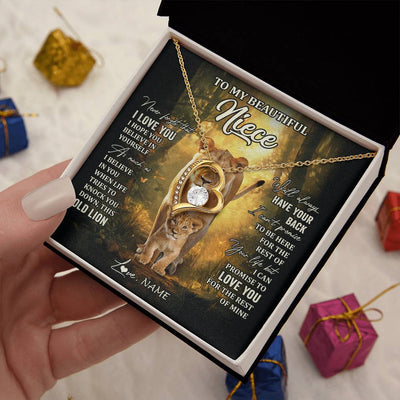 Forever Love Necklace 18K Yellow Gold Finish | 2 | Personalized To My Niece Lion Necklace From Aunt Auntie Never Forget That I Love You Niece Birthday Graduation Christmas Customized Gift Box Message Card | teecentury