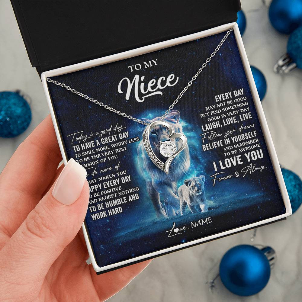 Forever Love Necklace 14K White Gold Finish | 2 | Personalized To My Niece Lion Necklace From Aunt Auntie Today Is A Good Day Niece Gifts Birthday Jewelry Graduation Christmas Customized Gift Box Message Card | teecentury