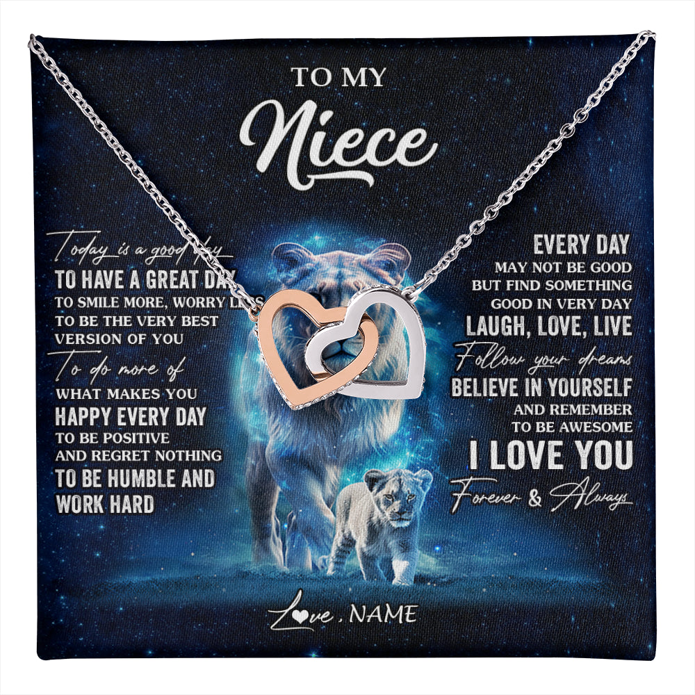 Interlocking Hearts Necklace Stainless Steel & Rose Gold Finish | 1 | Personalized To My Niece Lion Necklace From Aunt Auntie Today Is A Good Day Niece Gifts Birthday Jewelry Graduation Christmas Customized Gift Box Message Card | teecentury