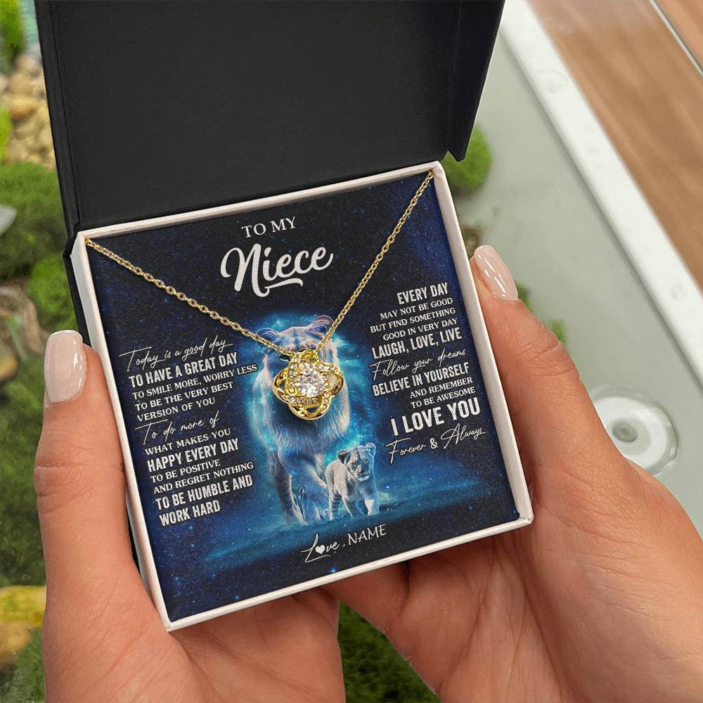 Love Knot Necklace 18K Yellow Gold Finish | 2 | Personalized To My Niece Lion Necklace From Aunt Auntie Today Is A Good Day Niece Gifts Birthday Jewelry Graduation Christmas Customized Gift Box Message Card | teecentury