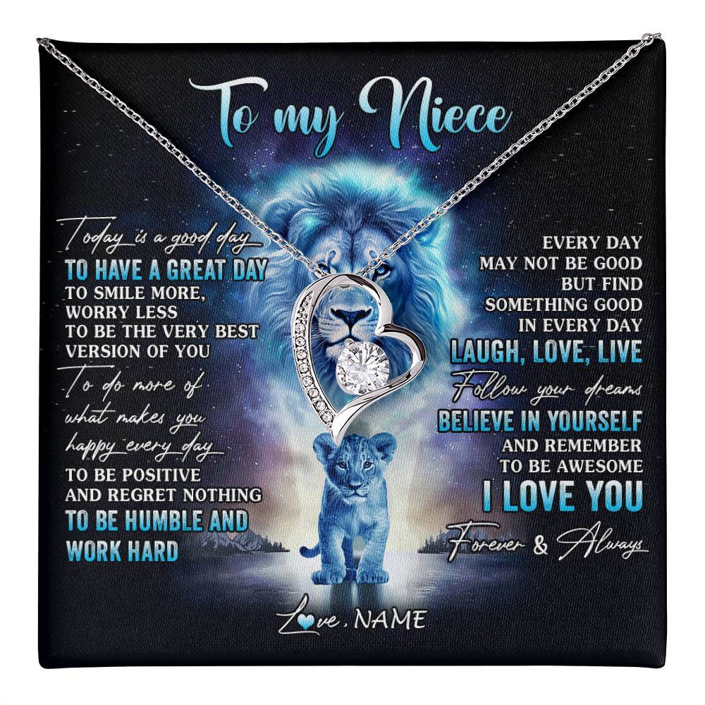 Forever Love Necklace 14K White Gold Finish | 1 | Personalized To My Niece Lion Necklace From Uncle Every Day Laugh Love Live Niece Pendant Birthday Graduation Christmas Customized Gift Box Message Card | teecentury