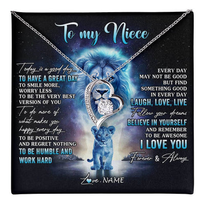 Forever Love Necklace 14K White Gold Finish | 1 | Personalized To My Niece Lion Necklace From Uncle Every Day Laugh Love Live Niece Pendant Birthday Graduation Christmas Customized Gift Box Message Card | teecentury