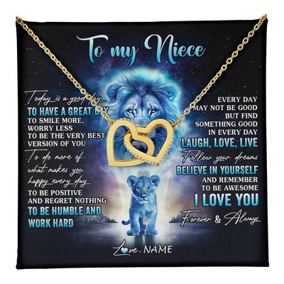 Interlocking Hearts Necklace 18K Yellow Gold Finish | 1 | Personalized To My Niece Lion Necklace From Uncle Every Day Laugh Love Live Niece Pendant Birthday Graduation Christmas Customized Gift Box Message Card | teecentury