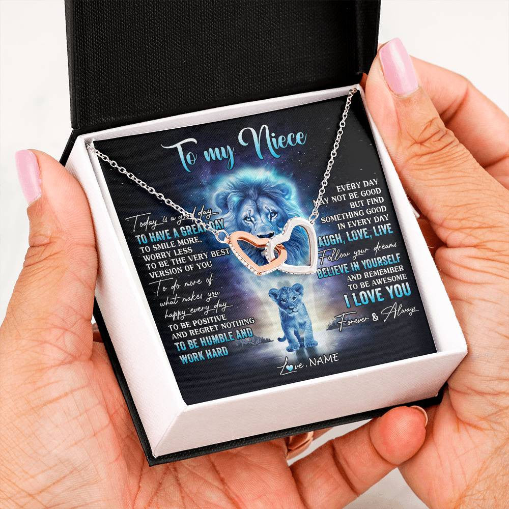 Interlocking Hearts Necklace Stainless Steel & Rose Gold Finish | 2 | Personalized To My Niece Lion Necklace From Uncle Every Day Laugh Love Live Niece Pendant Birthday Graduation Christmas Customized Gift Box Message Card | teecentury