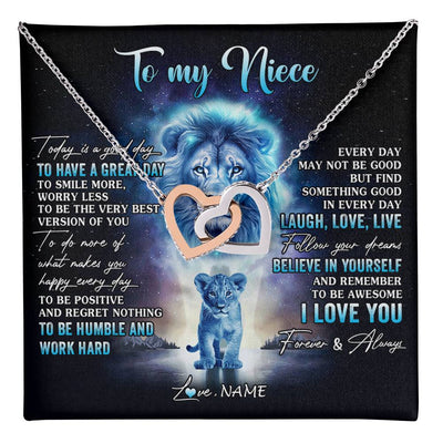 Interlocking Hearts Necklace Stainless Steel & Rose Gold Finish | 1 | Personalized To My Niece Lion Necklace From Uncle Every Day Laugh Love Live Niece Pendant Birthday Graduation Christmas Customized Gift Box Message Card | teecentury
