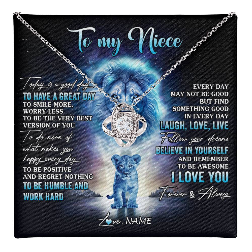 Love Knot Necklace 14K White Gold Finish | 1 | Personalized To My Niece Lion Necklace From Uncle Every Day Laugh Love Live Niece Pendant Birthday Graduation Christmas Customized Gift Box Message Card | teecentury