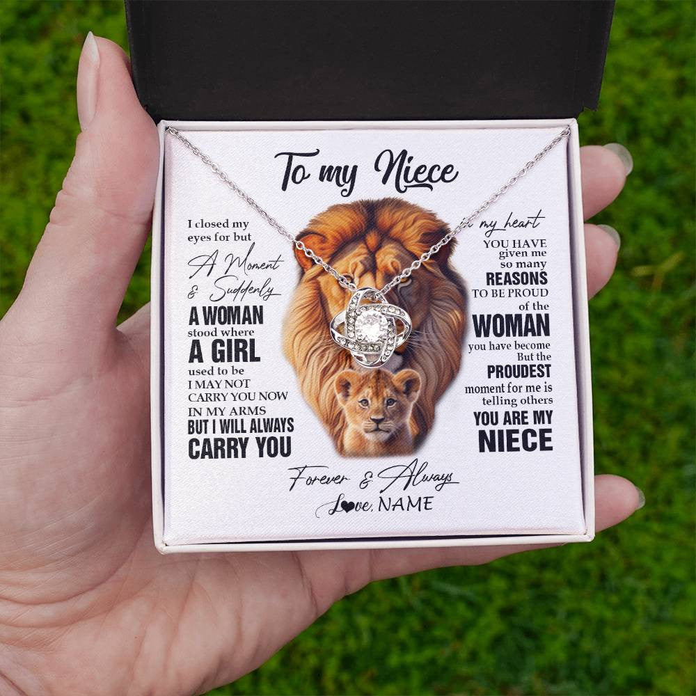 Love Knot Necklace 14K White Gold Finish | 2 | Personalized To My Niece Lion Necklace From Uncle I Closed My Eyes Great Niece Birthday Gifts Graduation Christmas Customized Gift Box Message Card | teecentury