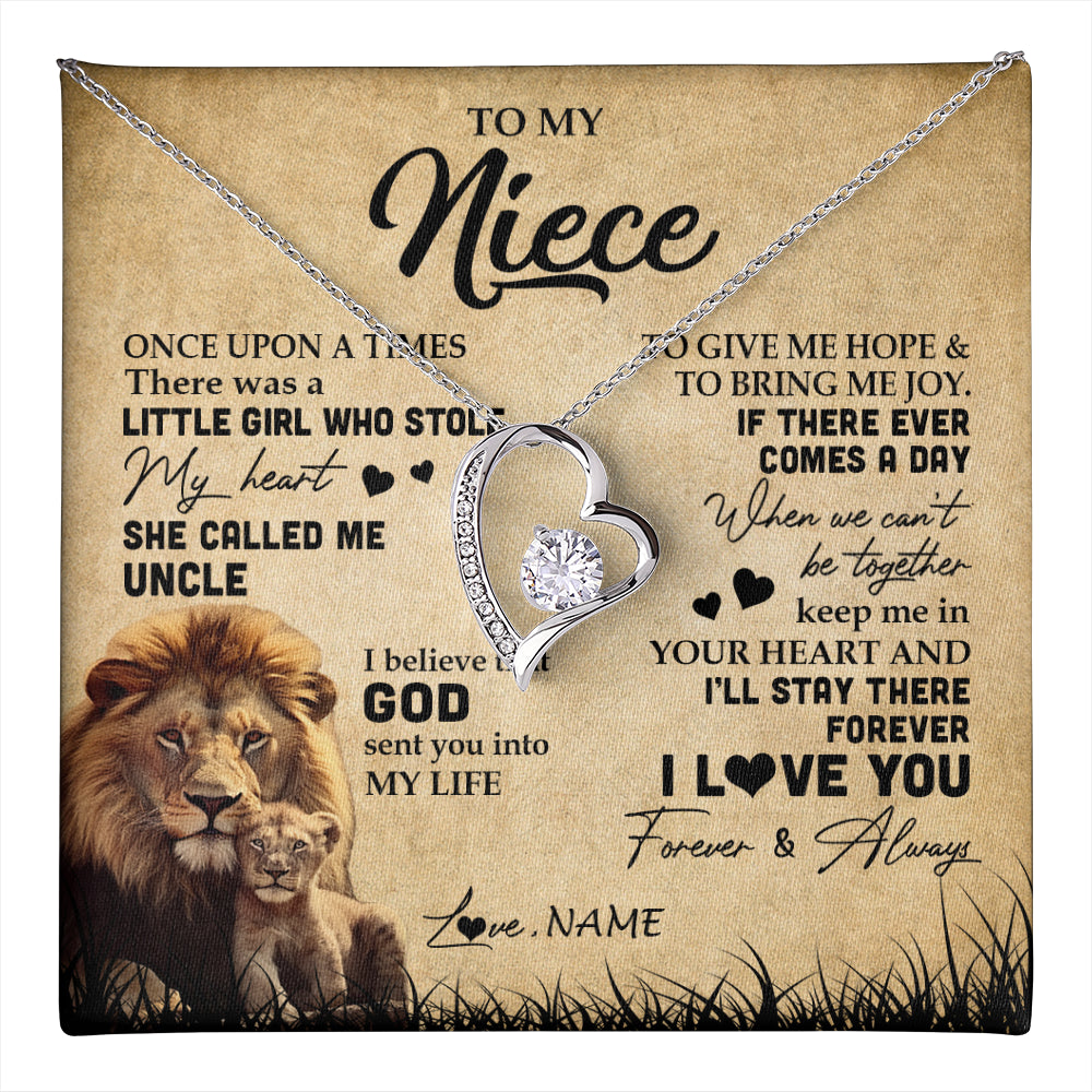 Forever Love Necklace 14K White Gold Finish | 1 | Personalized To My Niece Lion Necklace From Uncle I'll Stay There Forever Niece Birthday Graduation Christmas Customized Gift Box Message Card | teecentury