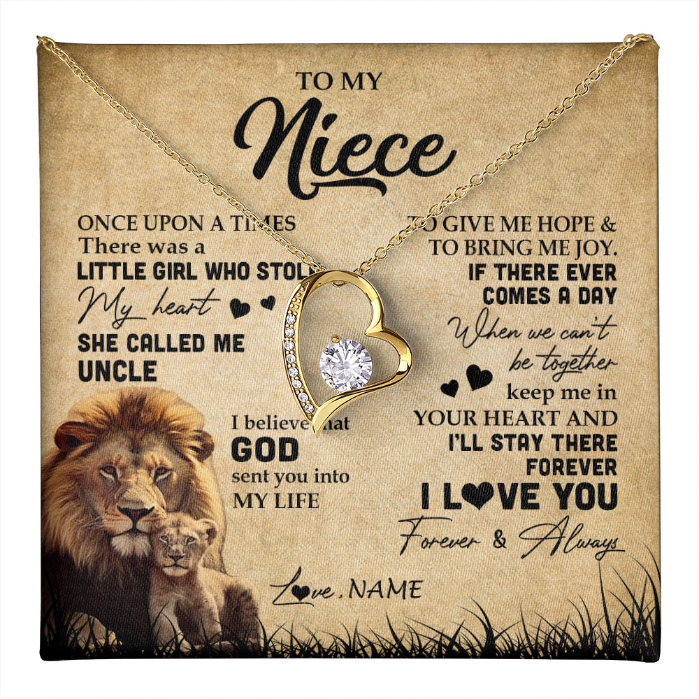 Forever Love Necklace 18K Yellow Gold Finish | 1 | Personalized To My Niece Lion Necklace From Uncle I'll Stay There Forever Niece Birthday Graduation Christmas Customized Gift Box Message Card | teecentury