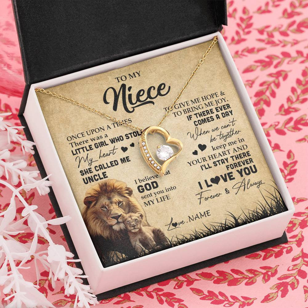 Forever Love Necklace 18K Yellow Gold Finish | Personalized To My Niece Lion Necklace From Uncle I'll Stay There Forever Niece Birthday Graduation Christmas Customized Gift Box Message Card | teecentury