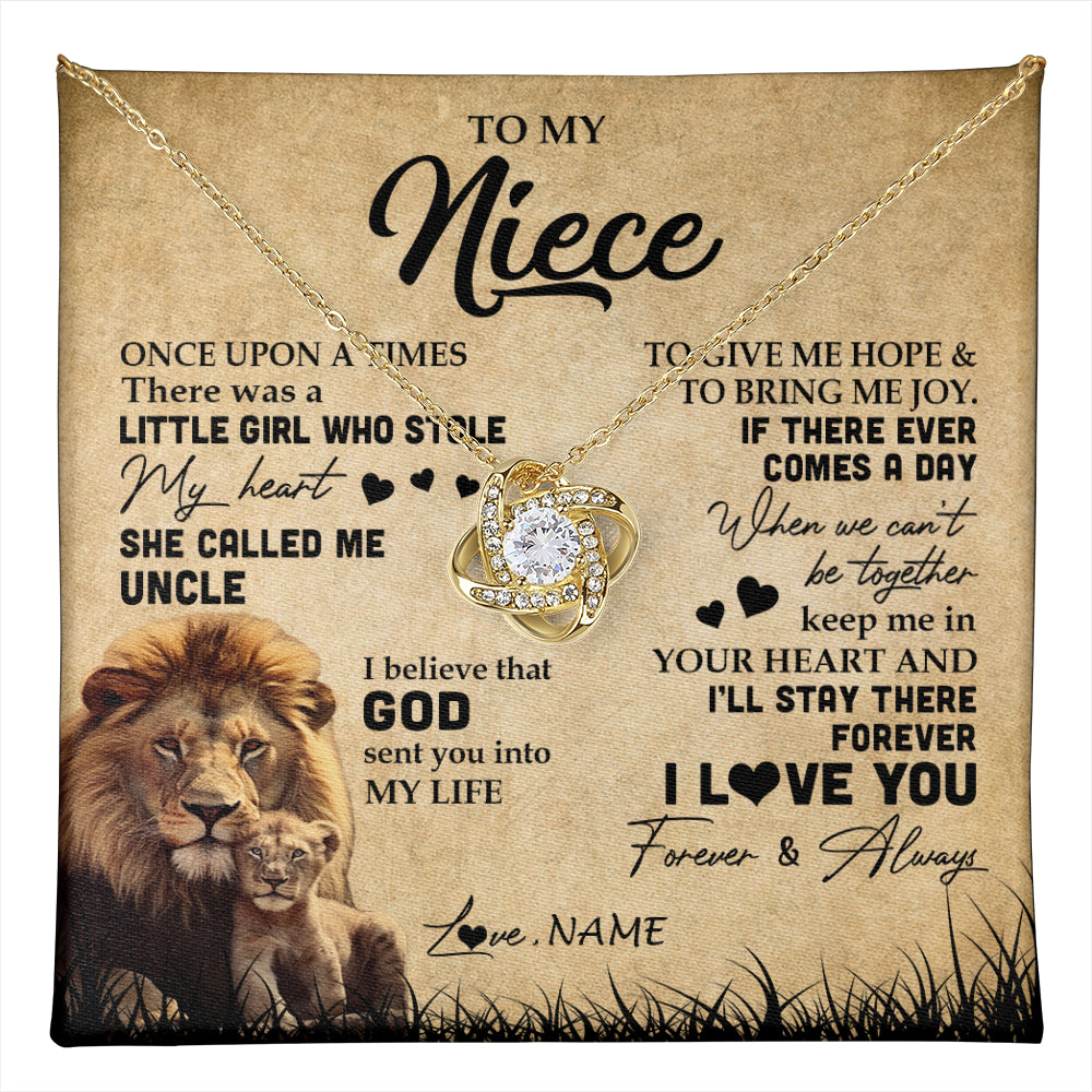 Love Knot Necklace 18K Yellow Gold Finish | 1 | Personalized To My Niece Lion Necklace From Uncle I'll Stay There Forever Niece Birthday Graduation Christmas Customized Gift Box Message Card | teecentury