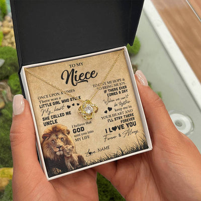 Love Knot Necklace 18K Yellow Gold Finish | Personalized To My Niece Lion Necklace From Uncle I'll Stay There Forever Niece Birthday Graduation Christmas Customized Gift Box Message Card | teecentury
