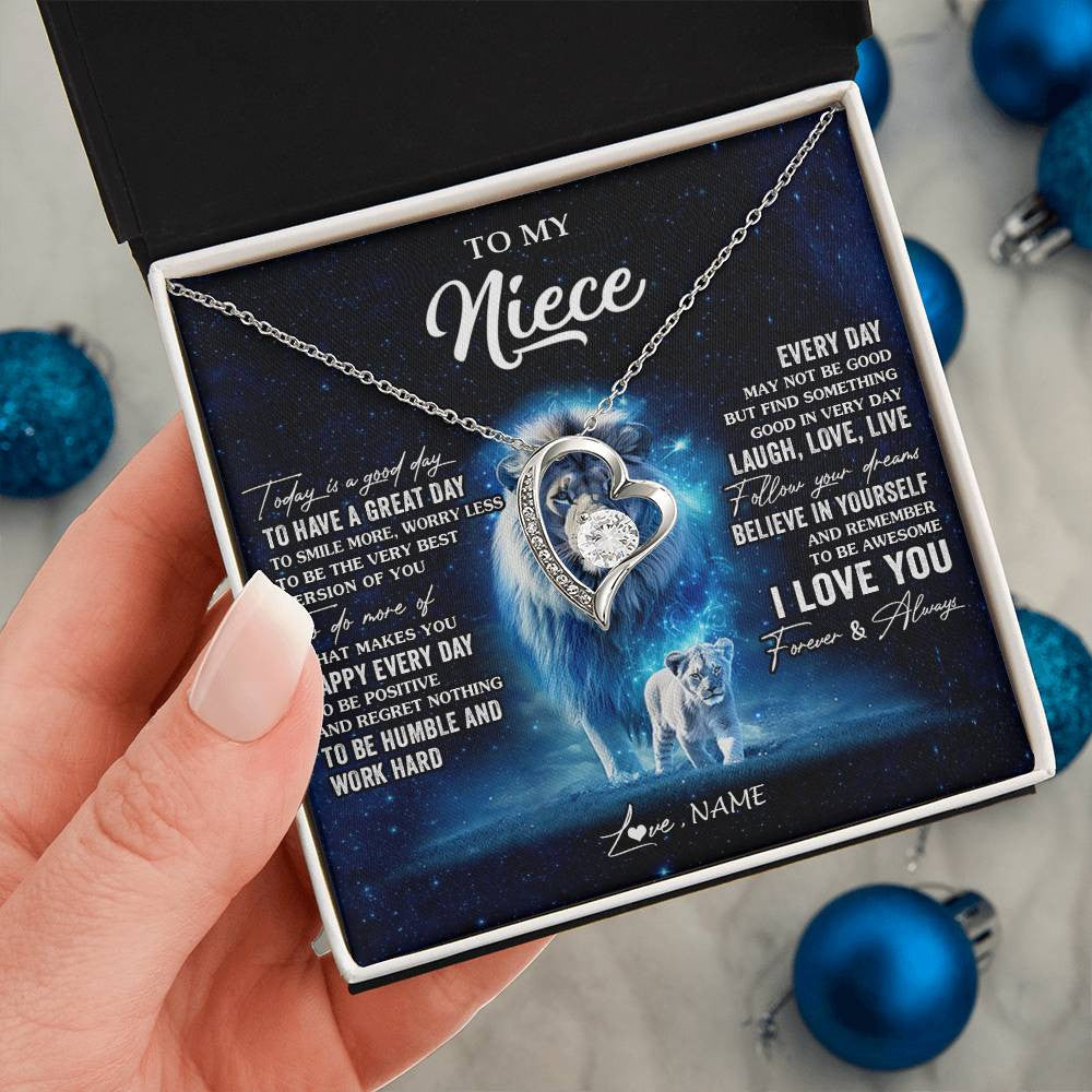 Forever Love Necklace 14K White Gold Finish | 2 | Personalized To My Niece Lion Necklace From Uncle Today Is A Good Day Niece Gifts Birthday Jewelry Graduation Christmas Customized Gift Box Message Card | teecentury