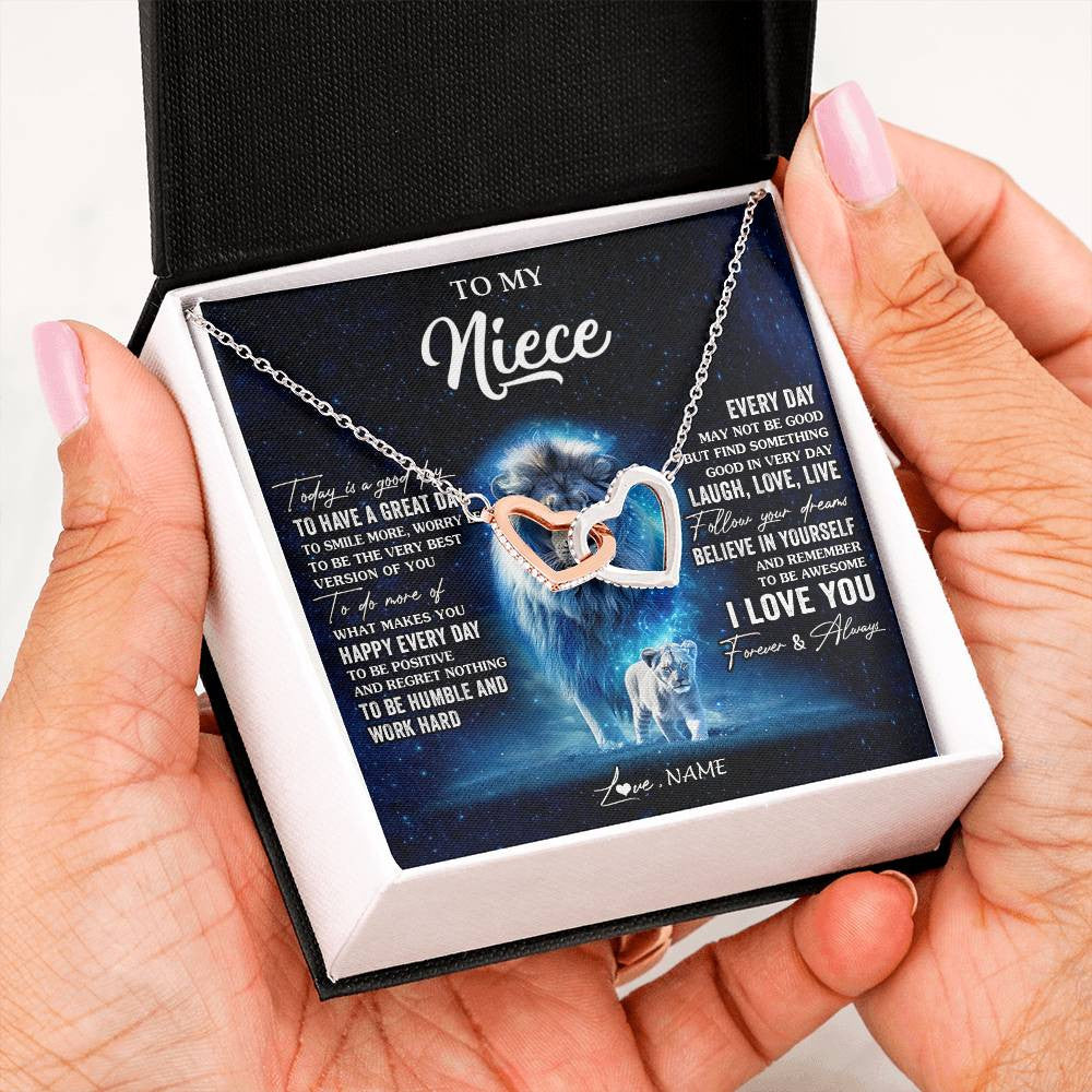 Interlocking Hearts Necklace Stainless Steel & Rose Gold Finish | 2 | Personalized To My Niece Lion Necklace From Uncle Today Is A Good Day Niece Gifts Birthday Jewelry Graduation Christmas Customized Gift Box Message Card | teecentury