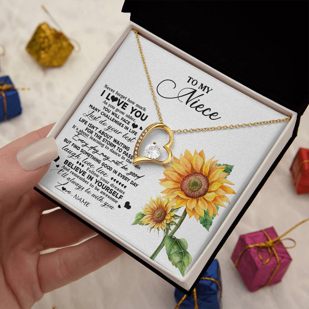 Forever Love Necklace 18K Yellow Gold Finish | 2 | Personalized To My Niece Necklace From Aunt Auntie Auntie Sunflower Wood Laugh Love Live Niece Birthday Graduation Christmas Customized Gift Box Message Card | teecentury