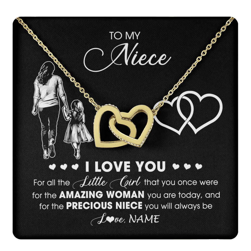 Interlocking Hearts Necklace 18K Yellow Gold Finish | 1 | Personalized To My Niece Necklace From Aunt Auntie I Love You Little Girl Niece Birthday Graduation Christmas Jewelry Customized Gift Box Message Card | teecentury