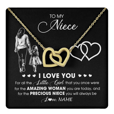 Interlocking Hearts Necklace 18K Yellow Gold Finish | 1 | Personalized To My Niece Necklace From Aunt Auntie I Love You Little Girl Niece Birthday Graduation Christmas Jewelry Customized Gift Box Message Card | teecentury