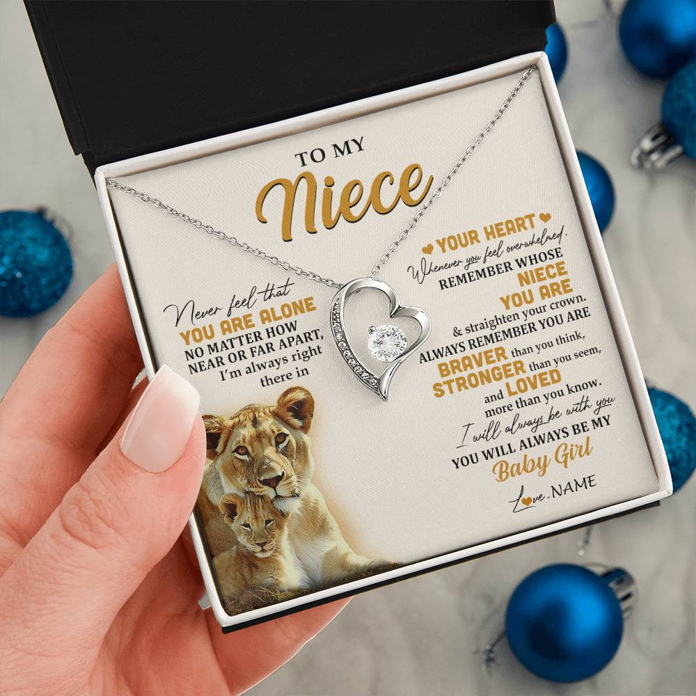 Forever Love Necklace 14K White Gold Finish | 2 | Personalized To My Niece Necklace From Aunt Auntie Lion Never Feel That You Are Alone Great Niece Birthday Christmas Customized Gift Box Message Card | teecentury