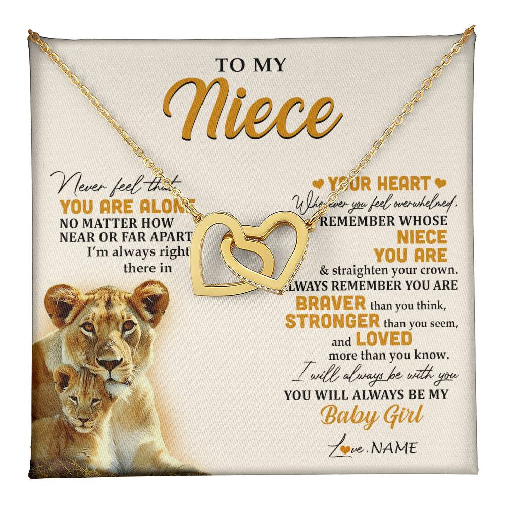 Interlocking Hearts Necklace 18K Yellow Gold Finish | 1 | Personalized To My Niece Necklace From Aunt Auntie Lion Never Feel That You Are Alone Great Niece Birthday Christmas Customized Gift Box Message Card | teecentury