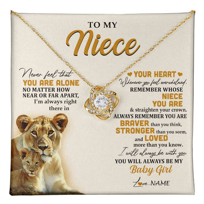 Love Knot Necklace 18K Yellow Gold Finish | 1 | Personalized To My Niece Necklace From Aunt Auntie Lion Never Feel That You Are Alone Great Niece Birthday Christmas Customized Gift Box Message Card | teecentury