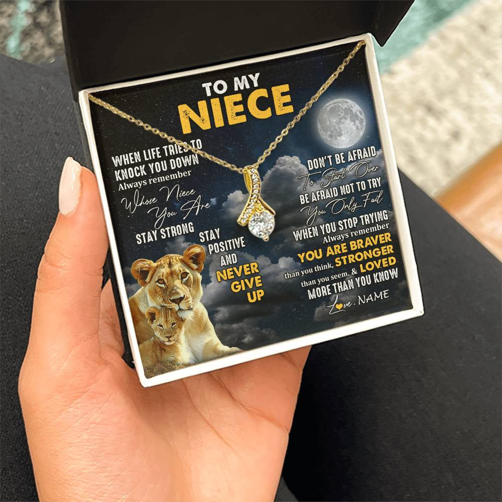 Alluring Beauty Necklace 18K Yellow Gold Finish | 2 | Personalized To My Niece Necklace From Aunt Auntie Lion Never Give Up Niece Birthday Graduation Christmas Jewelry Customized Gift Box Message Card | teecentury