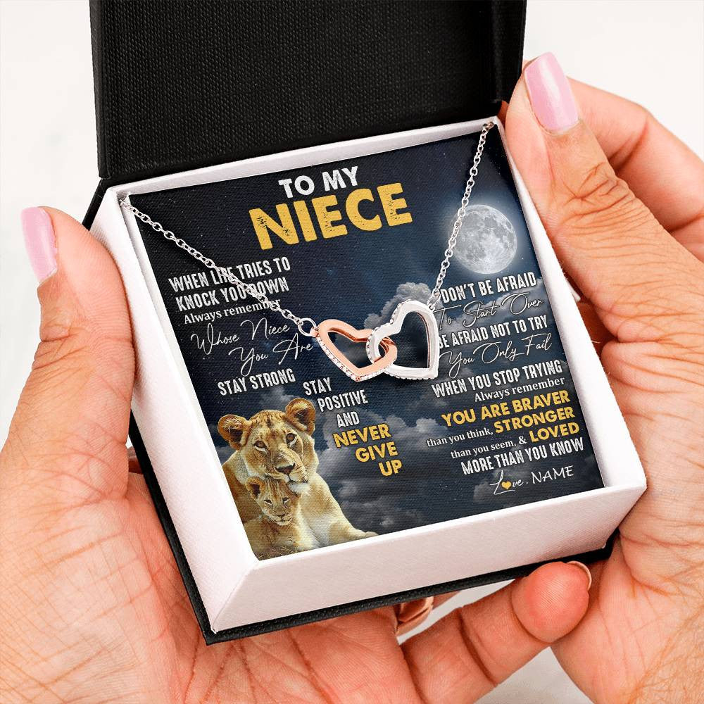 Interlocking Hearts Necklace Stainless Steel & Rose Gold Finish | 2 | Personalized To My Niece Necklace From Aunt Auntie Lion Never Give Up Niece Birthday Graduation Christmas Jewelry Customized Gift Box Message Card | teecentury