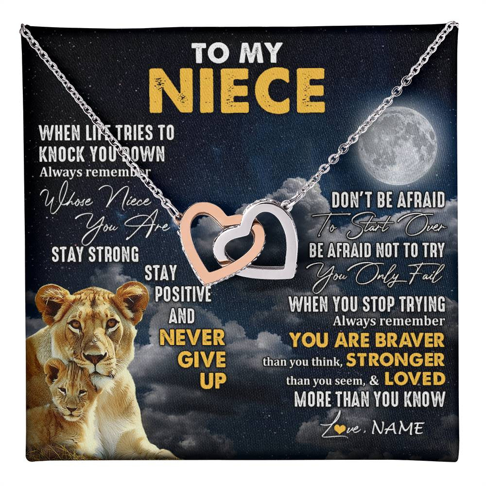 Interlocking Hearts Necklace Stainless Steel & Rose Gold Finish | 1 | Personalized To My Niece Necklace From Aunt Auntie Lion Never Give Up Niece Birthday Graduation Christmas Jewelry Customized Gift Box Message Card | teecentury