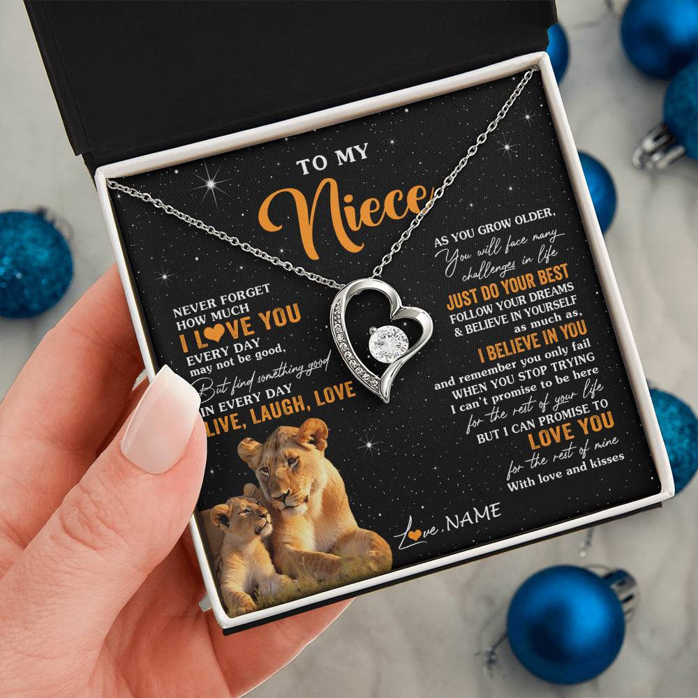 Forever Love Necklace 14K White Gold Finish | 2 | Personalized To My Niece Necklace From Aunt Auntie Live Laugh Love Lion Niece Birthday Gifts Positive Graduation Christmas Customized Gift Box Message Card | teecentury